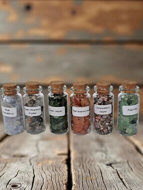 A Set of 6 Different Crystal Gemstone Chips in Glass Bottles - Chakra Healing Tu